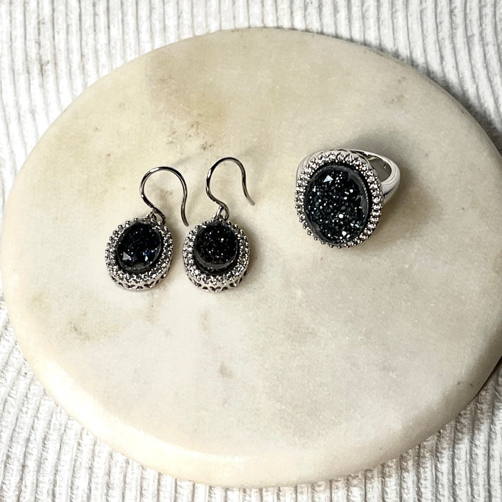 Estate 925 JCD China Faux Blue Druzy & CZ Ring with Matching Pierced Earrings
